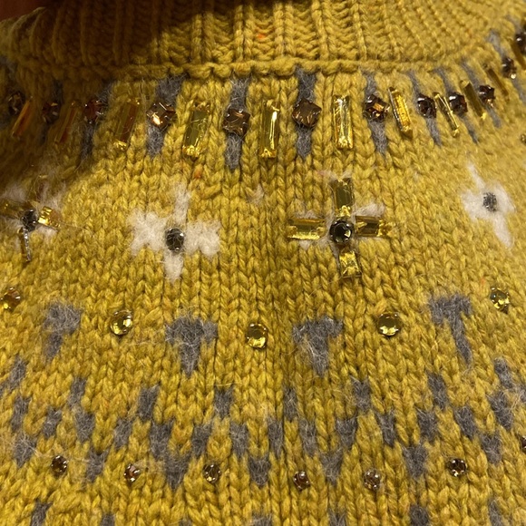 Mustard color with grey accent sweater. Detailed in rhinestones and soft Alpaca - Picture 5 of 5